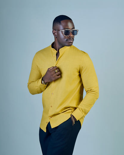 Yellow Linen Bishop Collar Shirt