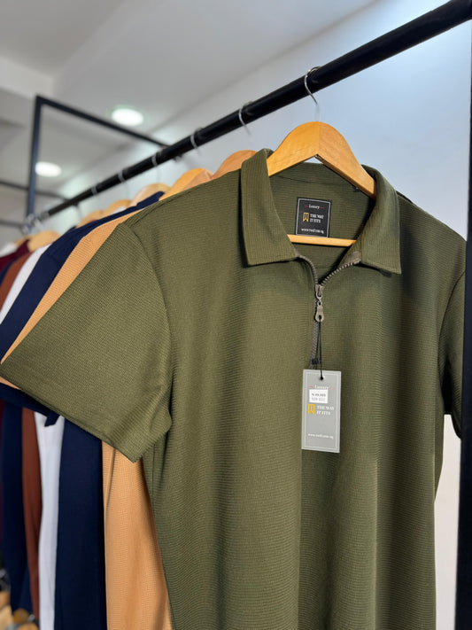 Army Green Knitted Zipper Polo