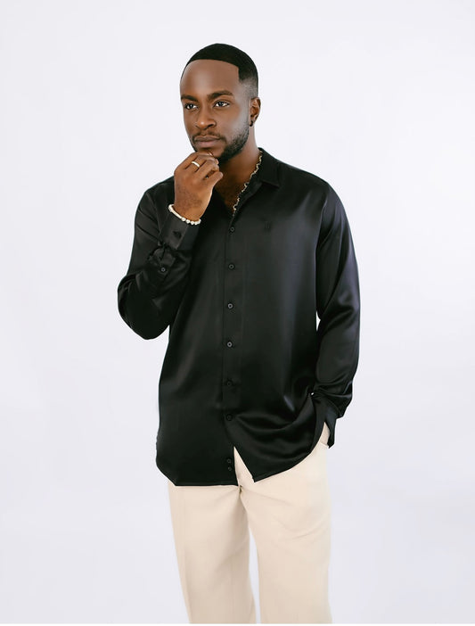 Black Satin Safari Long Sleeve Shirt