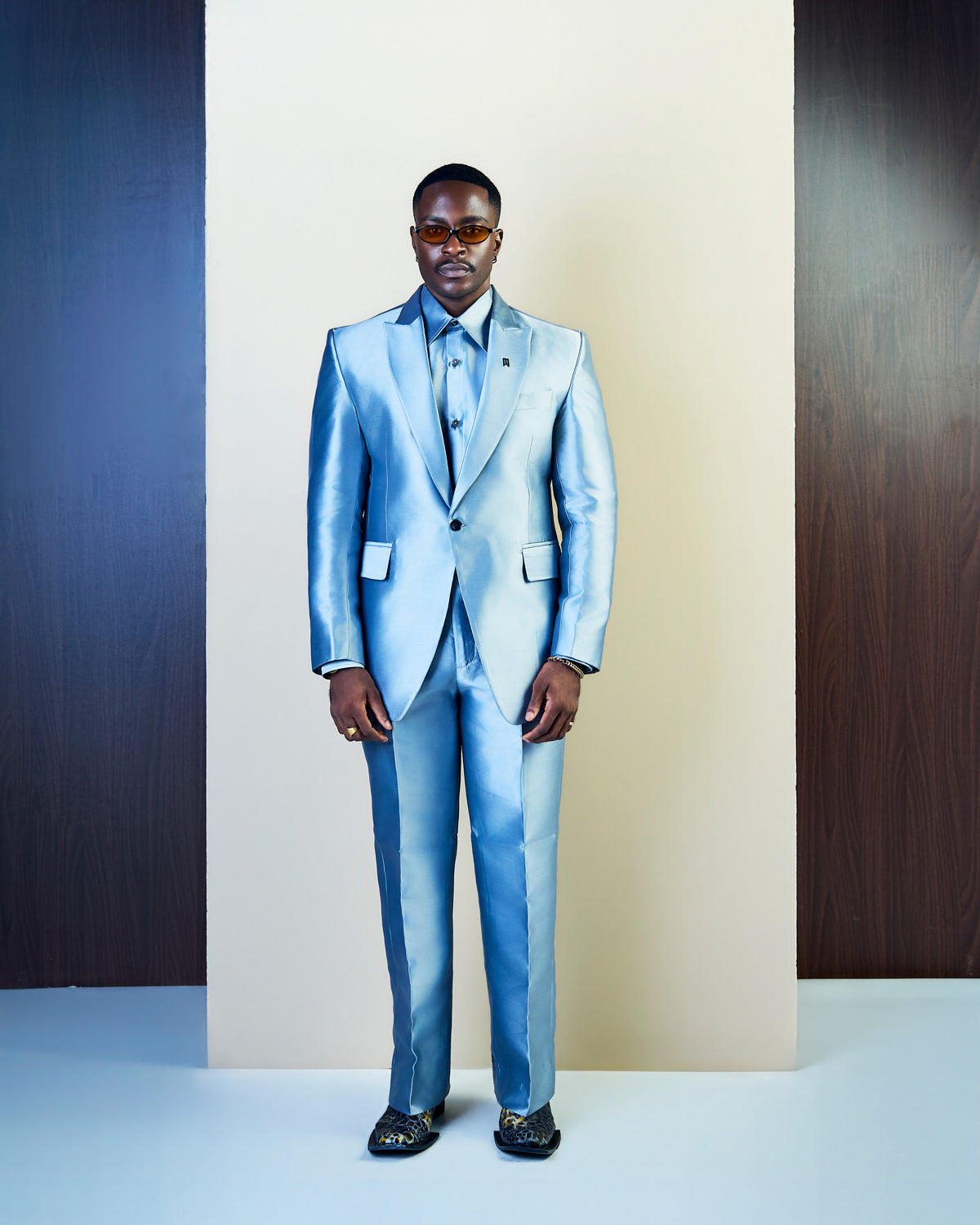 Sky blue satin three piece suit