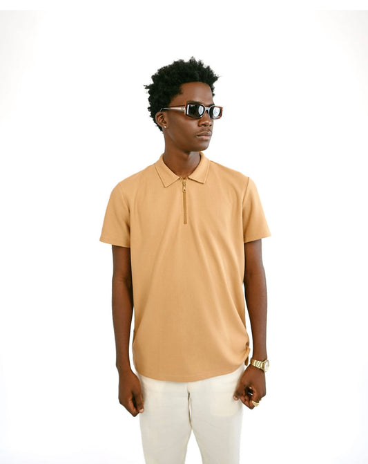 Brown Knitted Zipper Polo