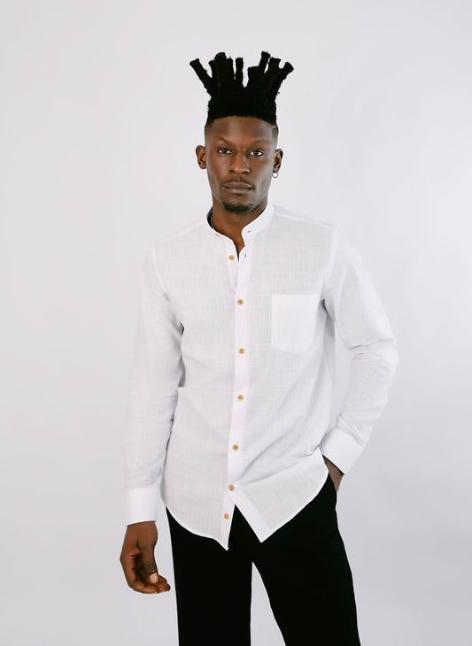 White Linen Bishop Collar with brown button Shirt
