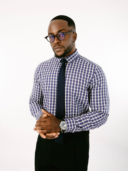 Navy Blue Checkered Collar long sleeve Shirt