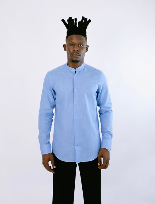 Sky Blue Linen Bishop Collar Shirt