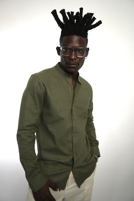 Army Green Linen Bishop Collar shirt