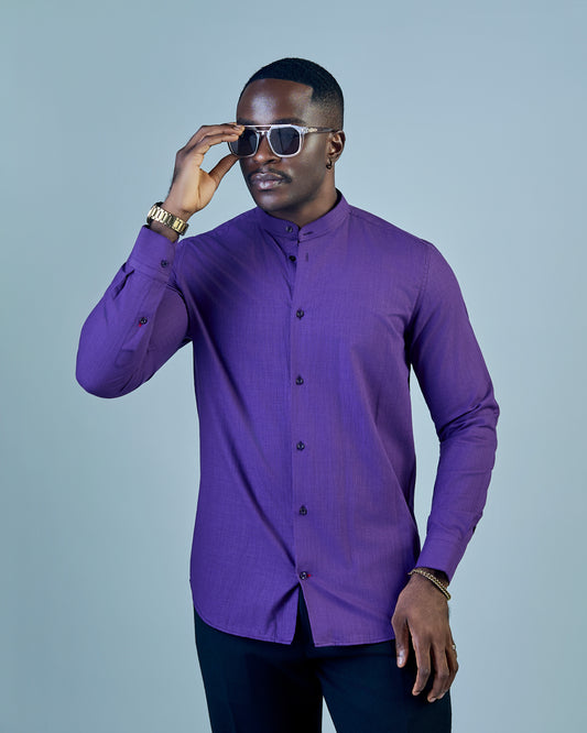 Purple Linen Bishop Collar Shirt