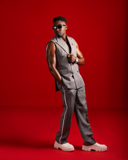Grey sleeveless double breasted two piece suit
