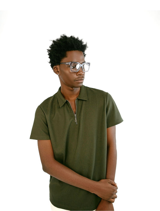 Army Green Knitted Zipper Polo