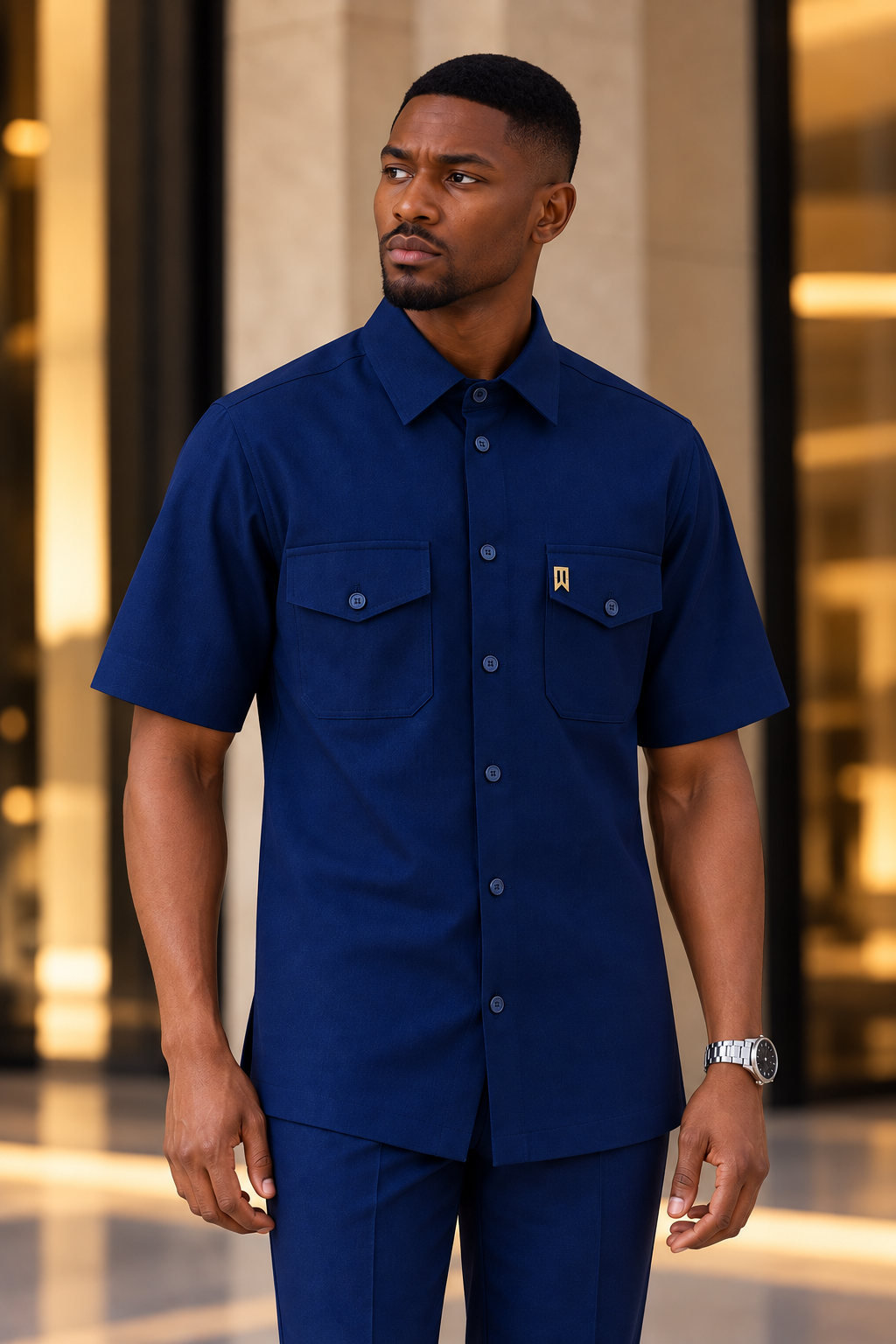 Navy Blue Short Sleeve Safari Native