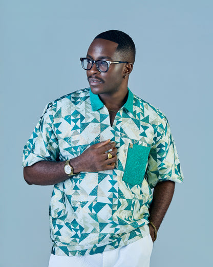 Green Patterned Shirt with Printed Collar