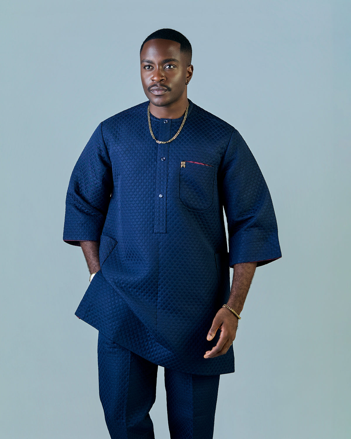 Navy Blue Jacquard 3/4 Sleeve Kaftan (RTW)