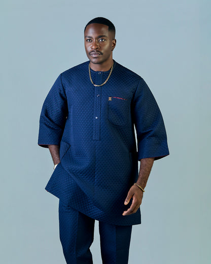 Navy Blue Jacquard 3/4 Sleeve Kaftan (RTW)