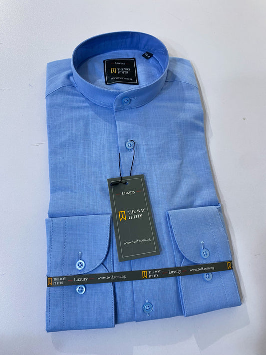 Sky Blue Linen Bishop Collar Shirt