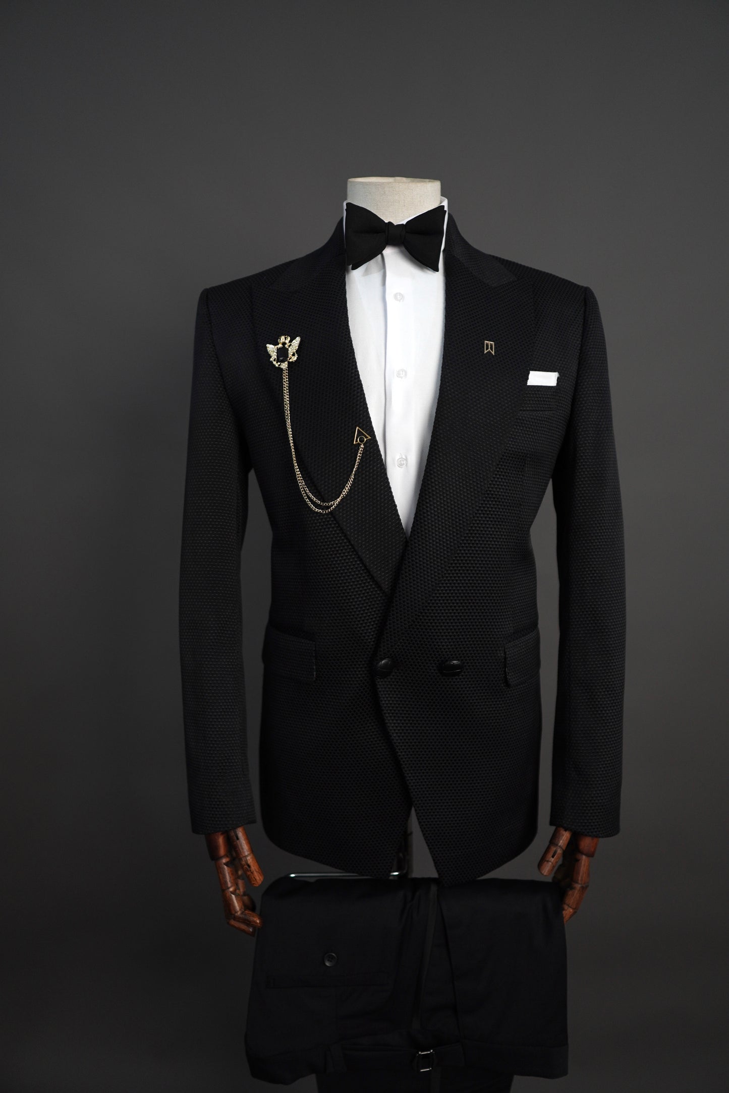 Black Jacquard Semi Double Breasted Tuxedo