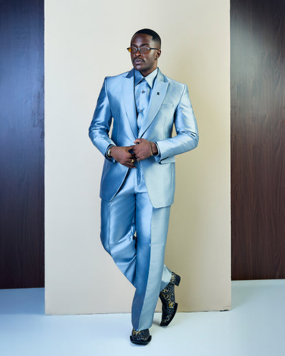 Sky blue satin three piece suit