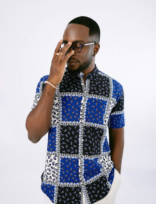 Blue Paisley Bishop Collar Short Sleeve