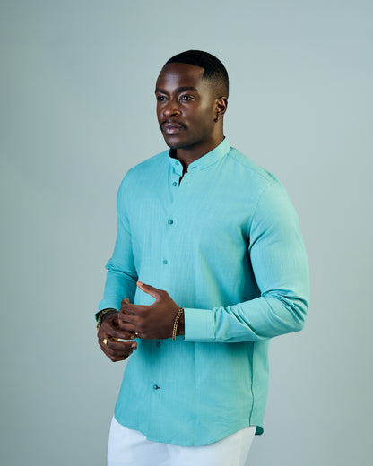 Mint Green Linen Bishop Collar Shirt