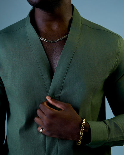 Green Linen V-neck Shirt