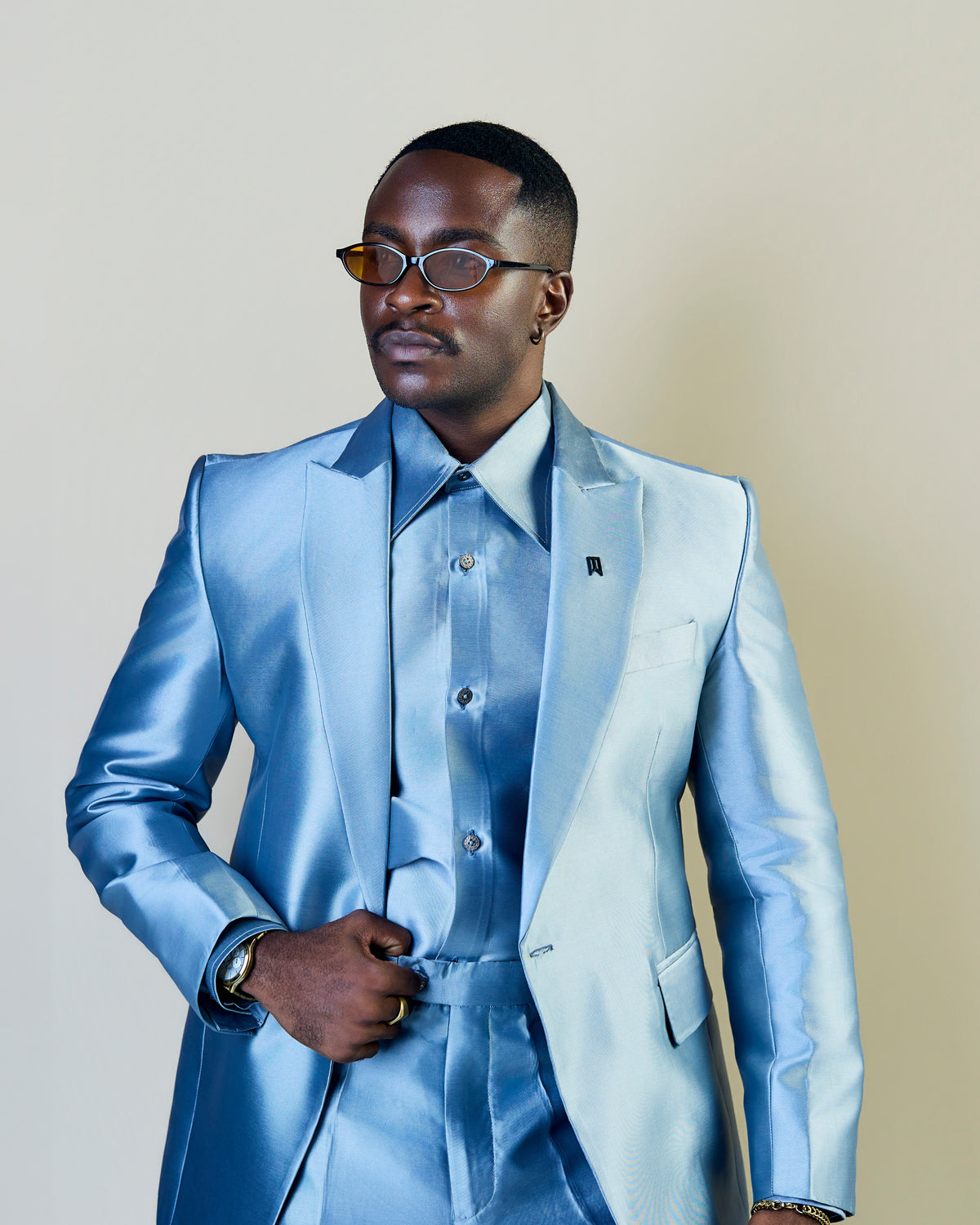 Sky blue satin three piece suit