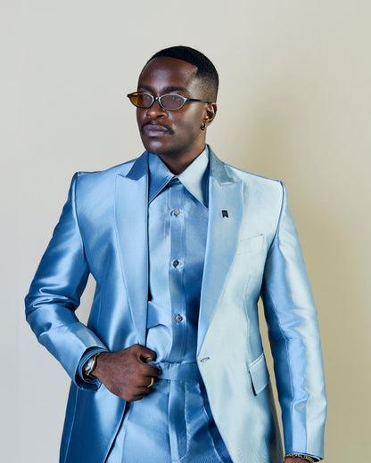 Sky blue satin three piece suit