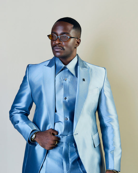 Sky blue satin three piece suit