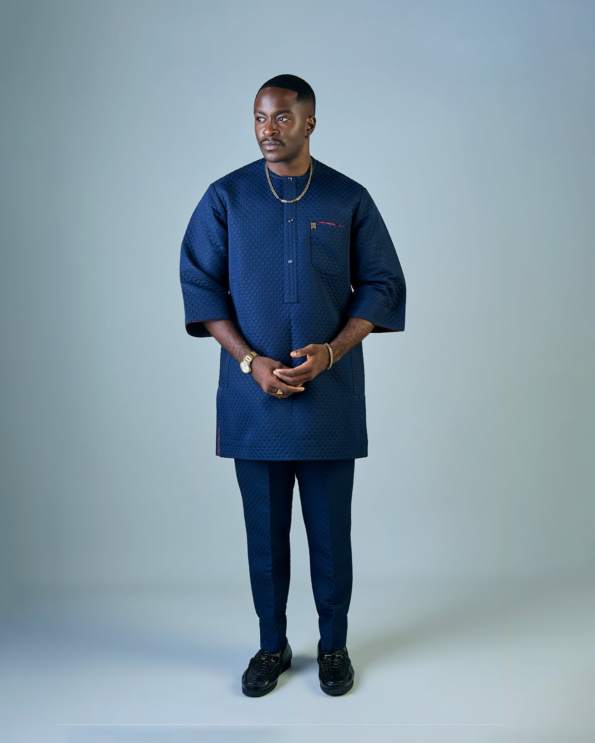 Navy Blue Jacquard 3/4 Sleeve Kaftan (RTW)