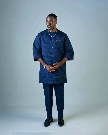 Navy Blue Jacquard 3/4 Sleeve Kaftan (RTW)