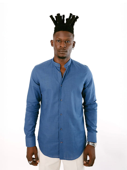Midnight Blue Linen Bishop Collar