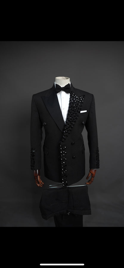 Black Jaquard tuxedo laced with crystal pearl beads