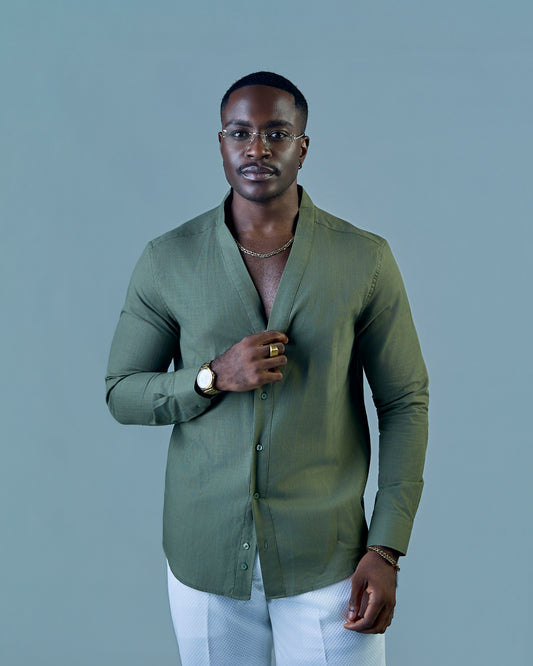 Green Linen V-neck Shirt