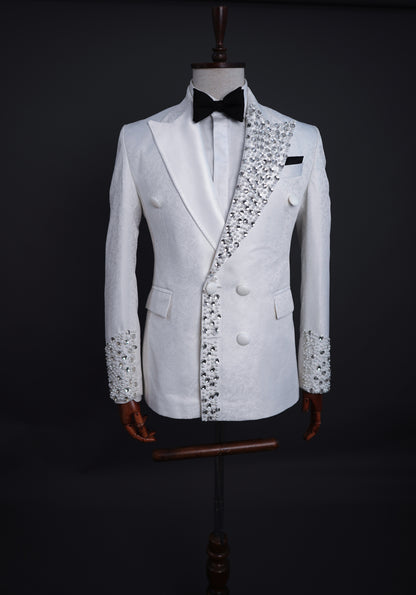 White Jaquard Two Piece tuxedo laced with crystal pearl beads