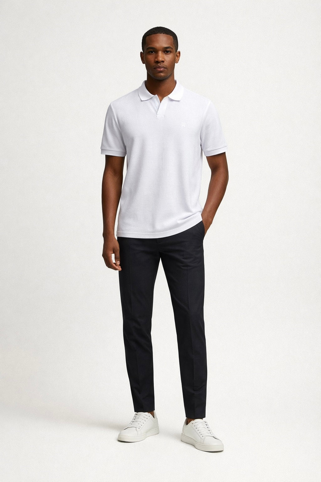 White knitted V-neck polo shirt