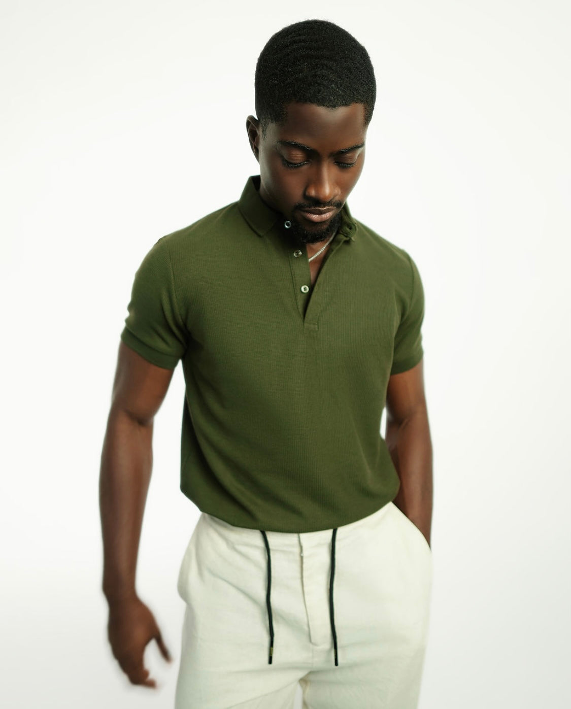 Army Green Knitted Polo Button