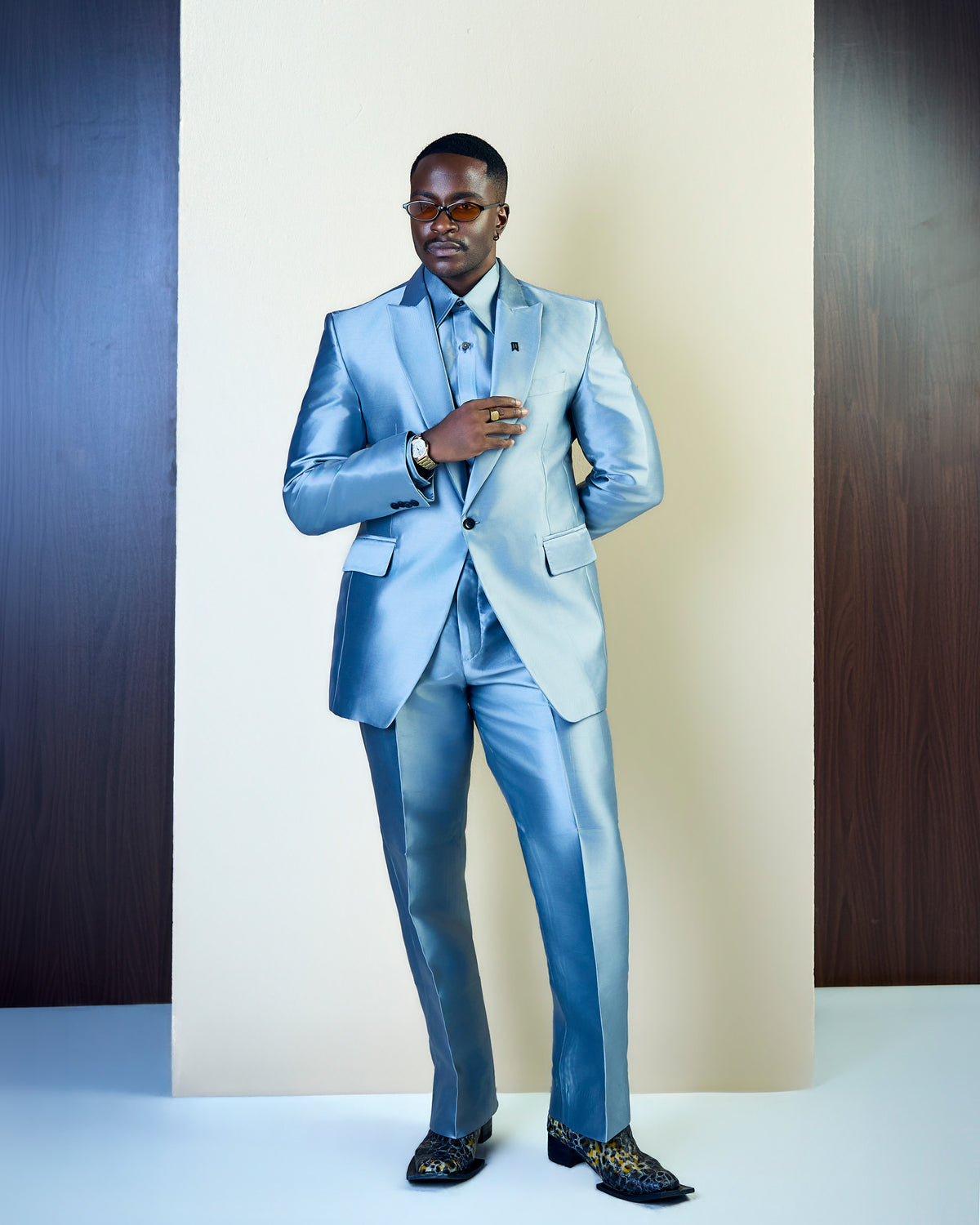 Sky blue satin three piece suit