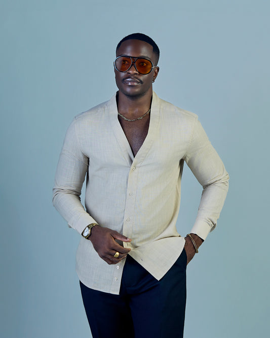 Beige Linen V-neck Shirt