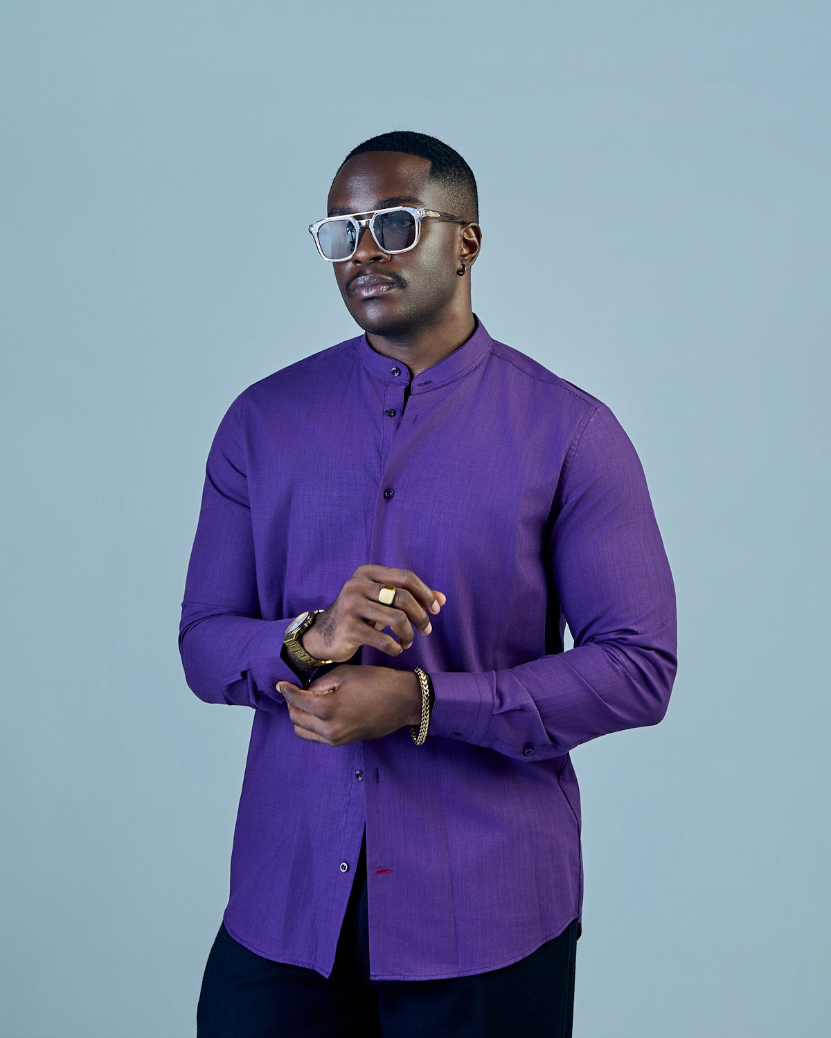 Purple Linen Bishop Collar Shirt