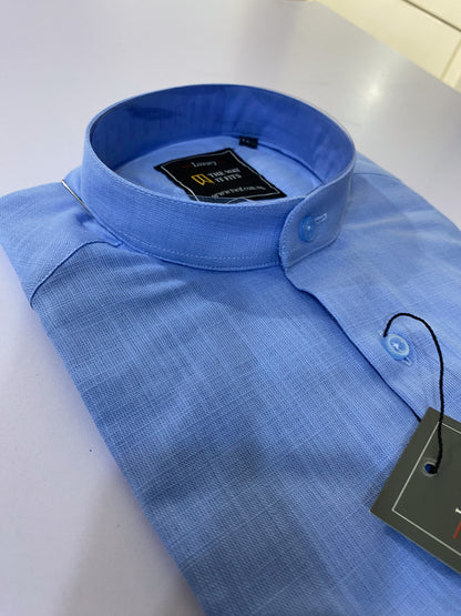 Sky Blue Linen Bishop Collar Shirt