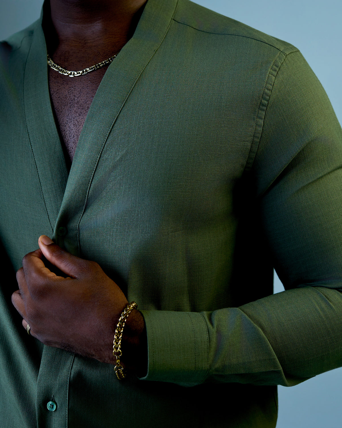 Green Linen V-neck Shirt
