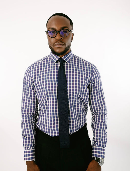 Navy Blue Checkered Collar long sleeve Shirt