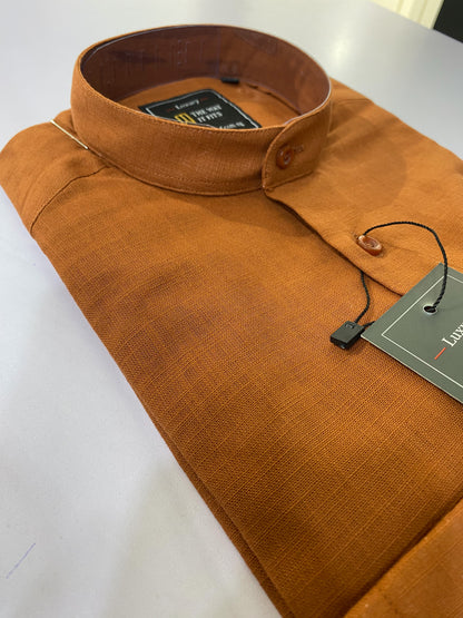 Burnt Orange Linen Bishop Collar Shirt