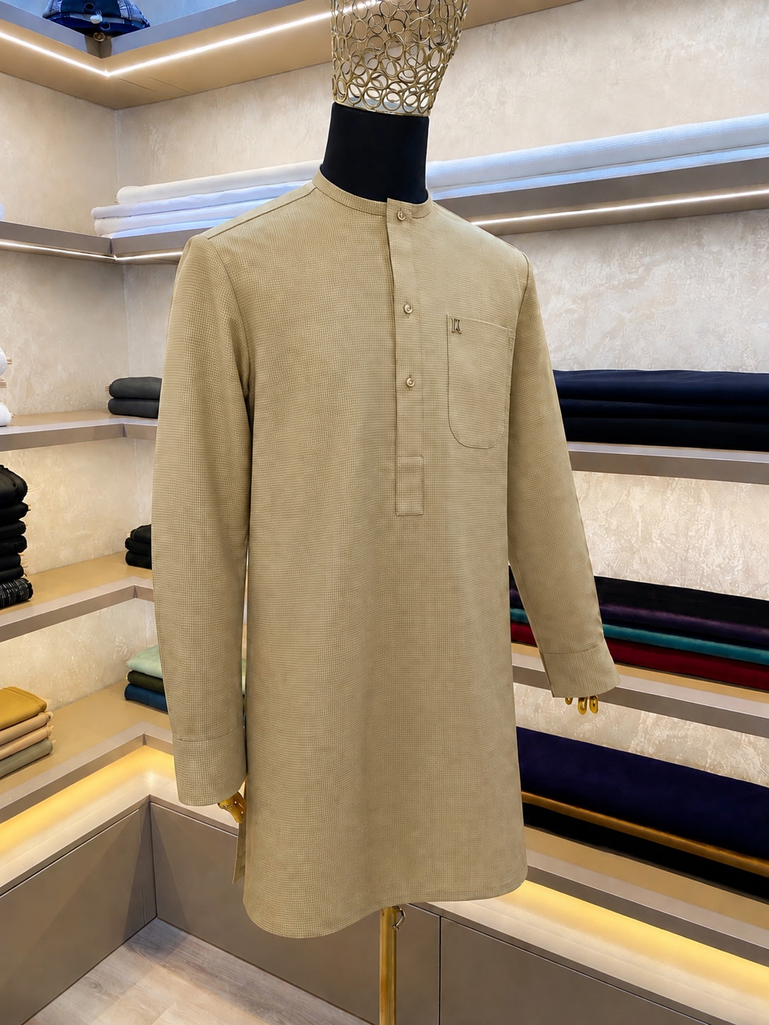 Brown Jacquard long sleeve kaftan with Swarovski Buttons (RTW)