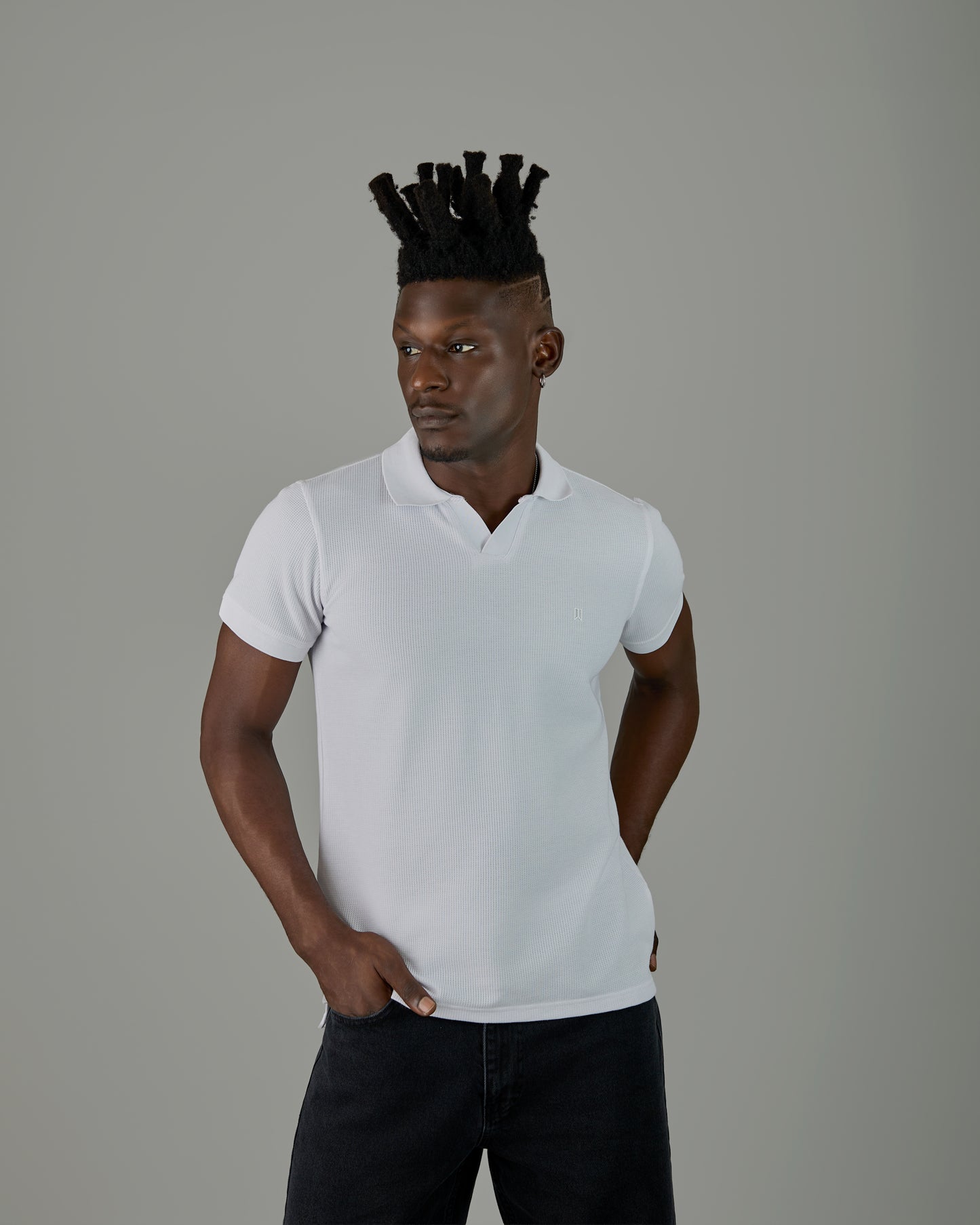 White knitted Vneck Polo Shirt