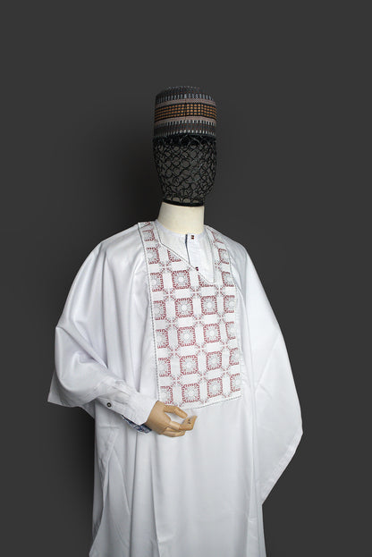 Cocaine White Long Sleeve Agbada With Wine Symmetrical Embroidery