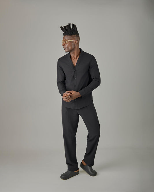 Black Linen Vneck Set