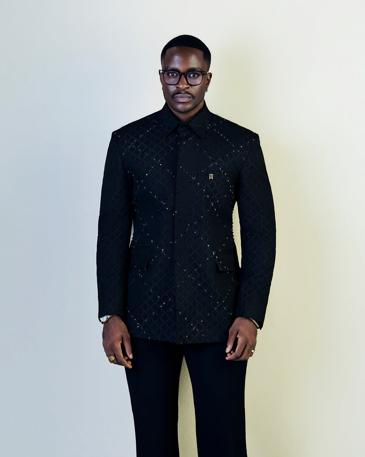 Black Jacquard Studded Safari Suit