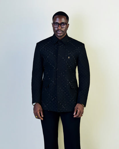 Black Jacquard Studded Safari Suit