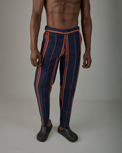 Navy blue and orange stripe Aso Oke pant