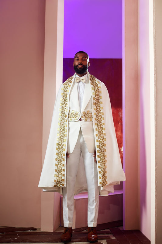 White three piece gold embellished cloak