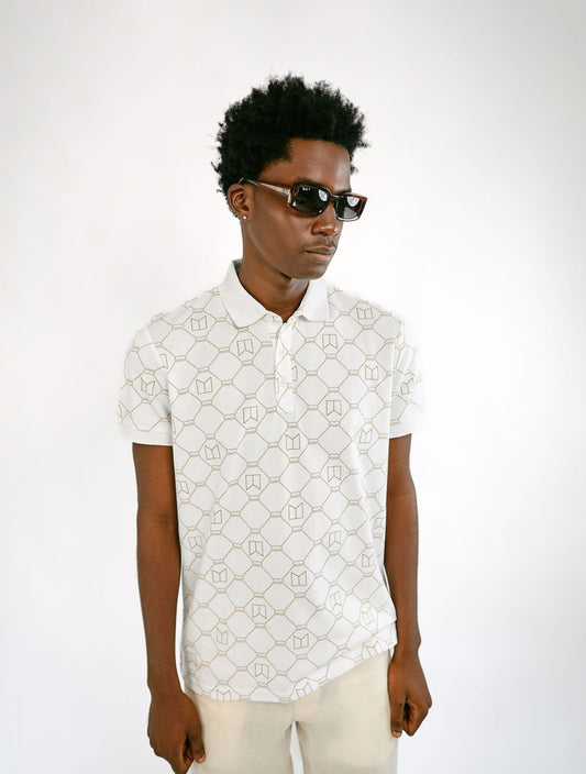 White Full Print Polo