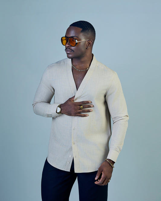 Beige Linen V-neck Shirt